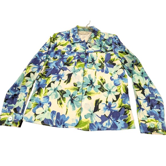 Drapers & Damon's Floral Jacket Blazer Womens  M Blue Flowers Tropical Hawaiian - Picture 1 of 4